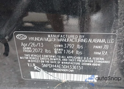 2013 Hyundai Elantra Gls z USA, uszkodzony, nr VIN 5NPDH4AE5DH336151